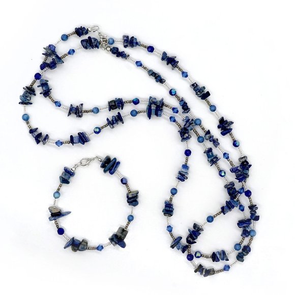 Necklace set with Lapis Lazuli chips and Lapis beads. Xtra long. - Picture 5 of 8